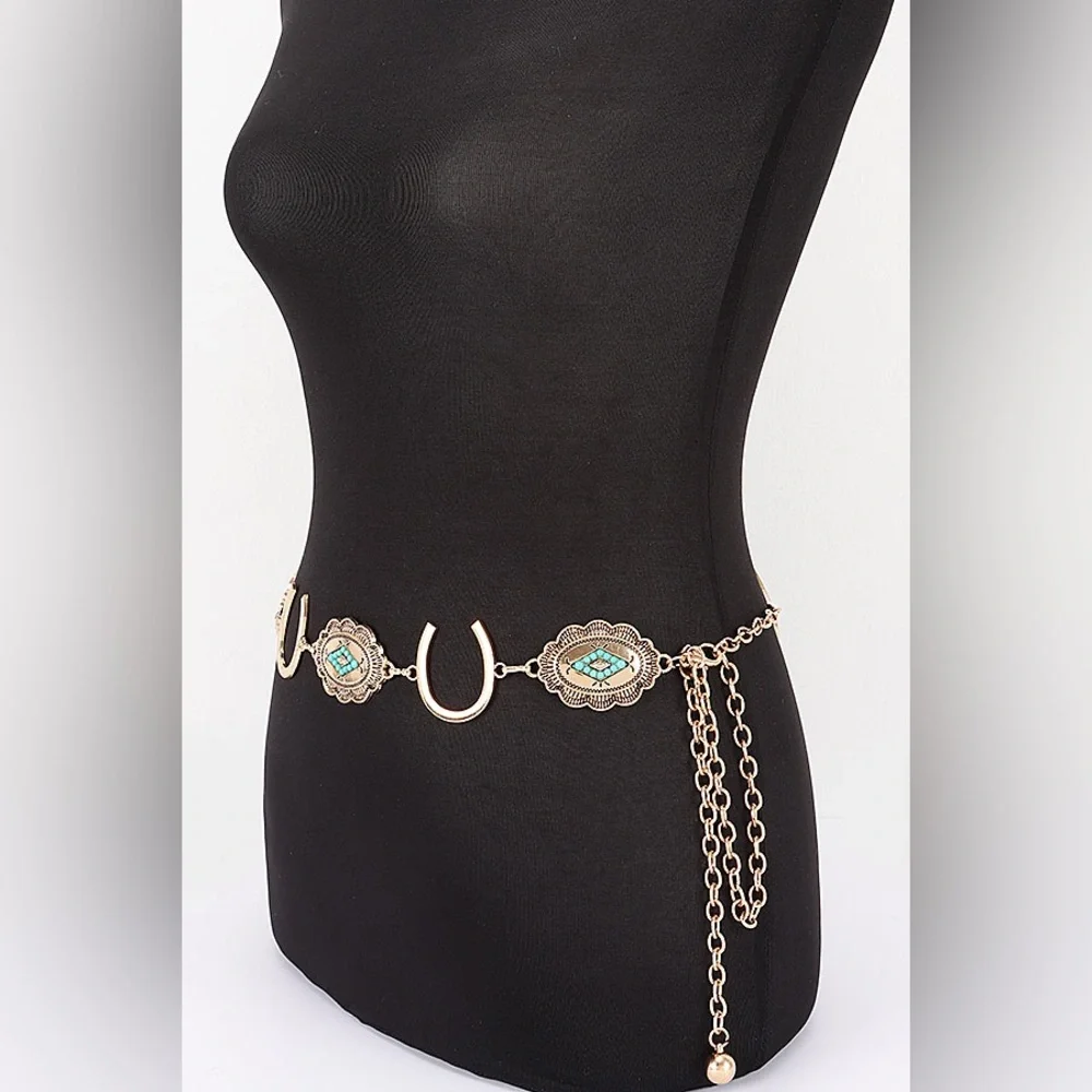 Gold or Silver Western Horseshoe Concho Chain Statement Belt w/ Turquoise Accent